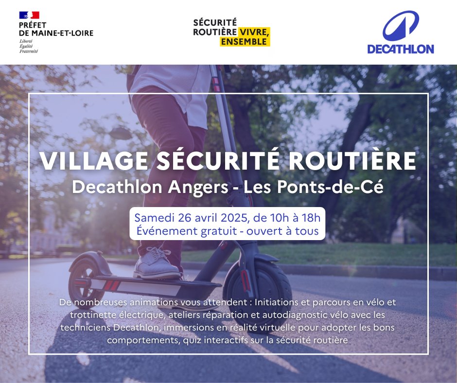 Image de Préfet de Maine-et-Loire - 🚴♂️ #SécuritéRoutière |
RDV ce samedi 26 avril au magasin Decathlon Les Ponts-de-Cé pour une jou