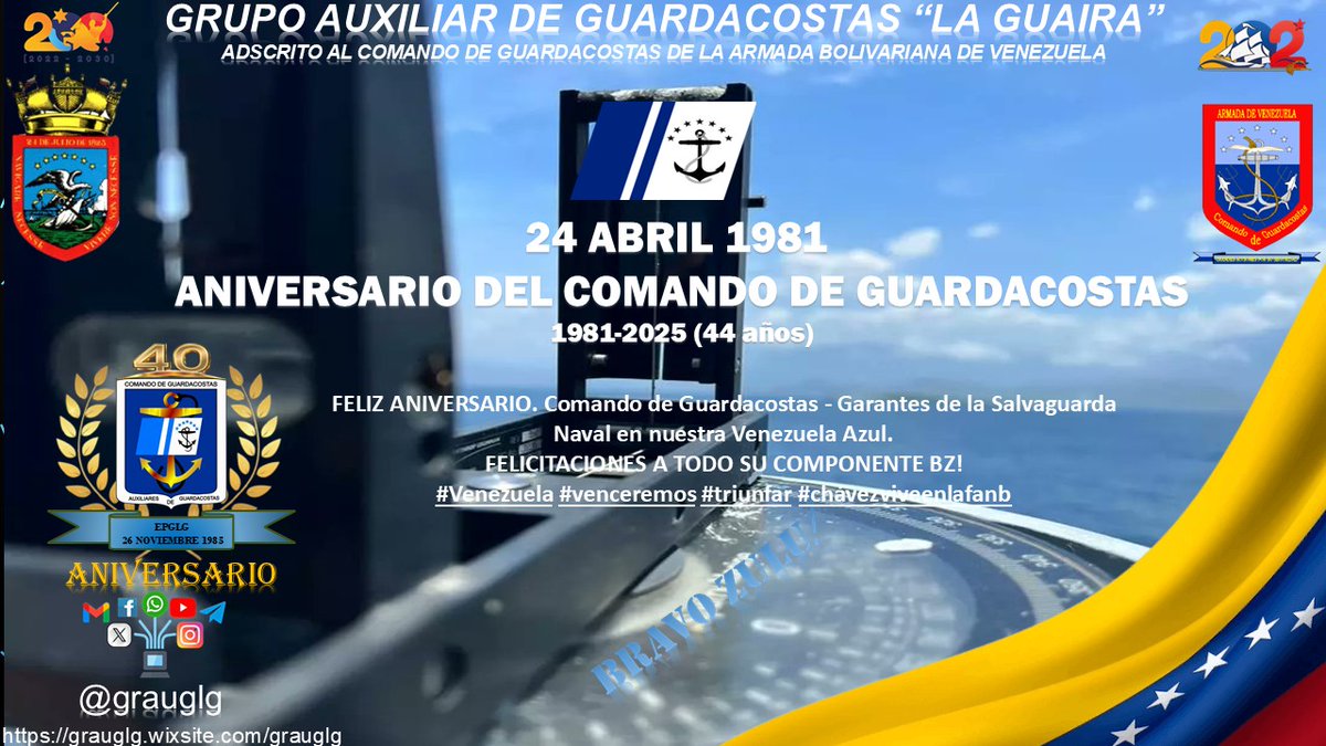 4ABR81 (44 años) Hoy de Aniversario El Comando de Guardacostas es un componente militar naval que forma parte de la Armada Bolivariana de Venezuela, que tiene como misión la planificación, ejecución y control de las actividades de salvaguarda en el mar territorial venezolano.