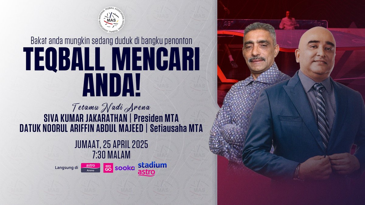 ASTROARENA's tweet photo. Bakat anda semua mungkin sedang duduk di bangku penonton! Jom serlahkan bakat anda dalam Teqball!🔥💪🏻⚽
 
Jangan lupa saksikan Nadi Arena pada 25 April, jam 7.30 malam untuk ketahui lebih lanjut bersama tulang belakang sukan Teqball Malaysia!🙌🏻

#NadiArena #AstroArena https://t.co/tnQlN6hcjK