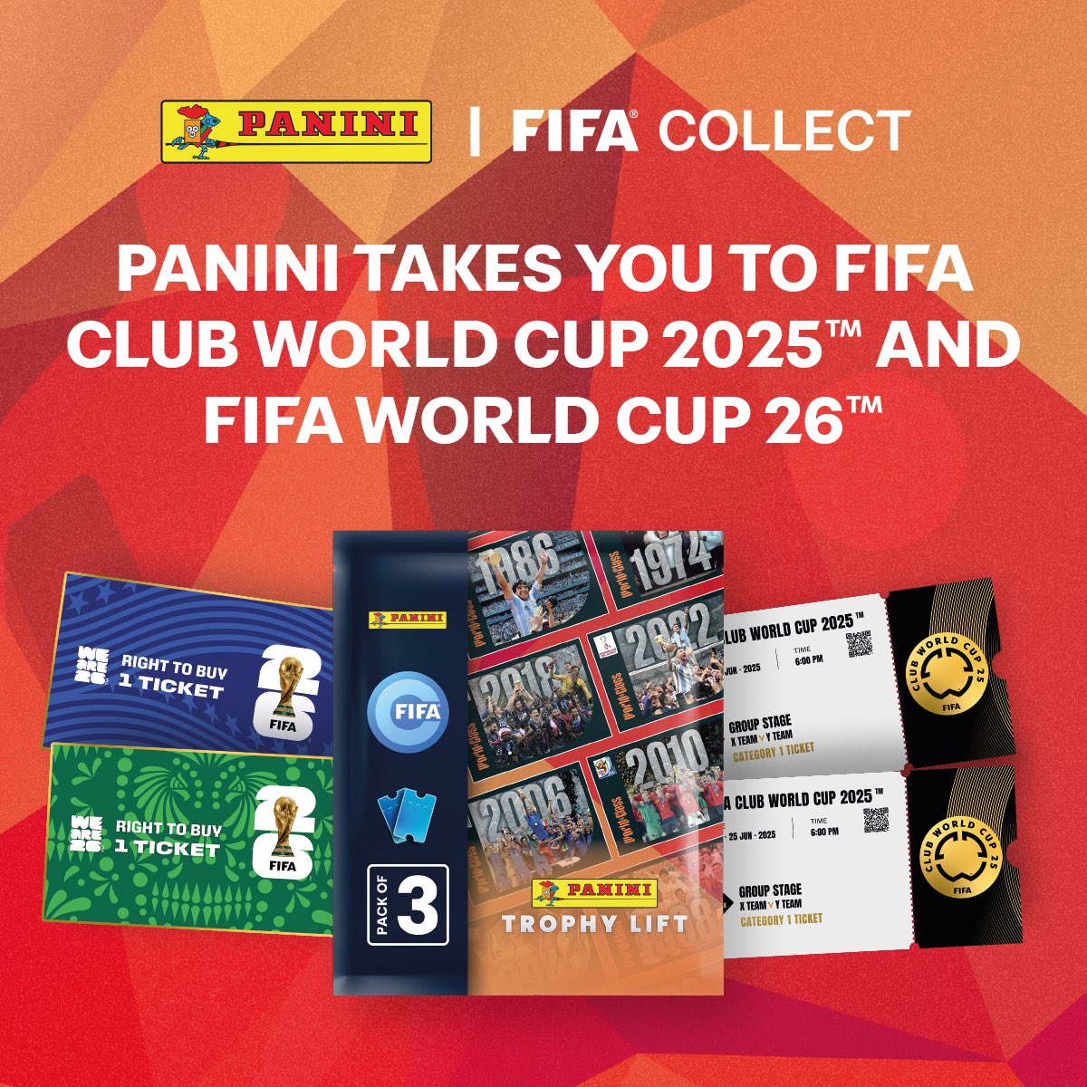 Panini Trophy lift collection 🌍 ⚽️  
From physical to digital, experience a new way of collecting Panini. 

Discover the Panini Trophy Lift pack and get a chance to take part to the FIFA Club World Cup 2025™ and FIFA World Cup 26™ live. 

New to FIFA Collect? Register today