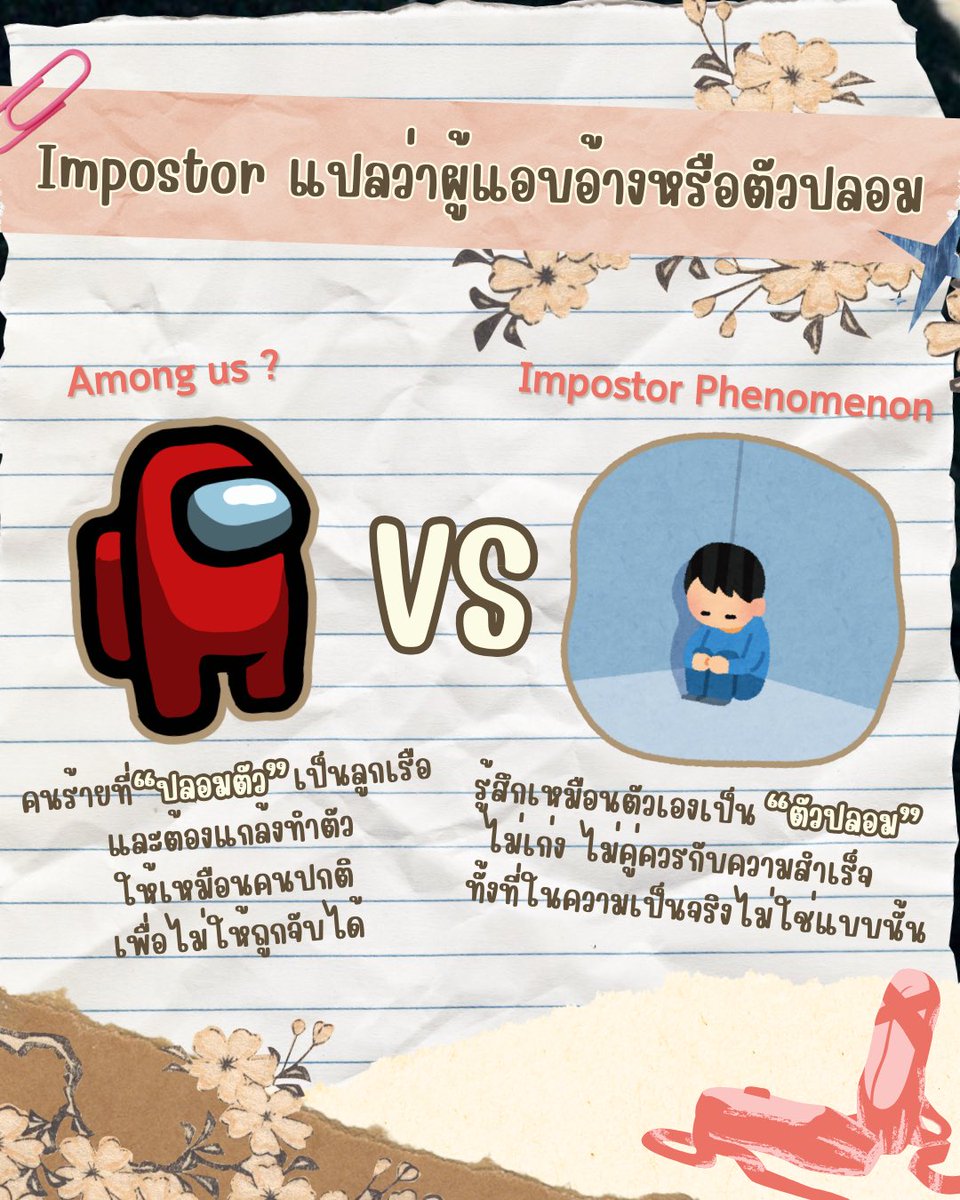 Betterbe_proj's tweet photo. Why is impostor❓
‘Impostor’ แปลว่า ผู้แอบอ้างหรือตัวปลอม
ในบริบทของเกม Among as คือ คนร้ายที่ปลอมตัวมา��พื่อไม่ให้ถูกจับได้
ส่วน Impostor phenomenon จะ ‘คิด’ ว่าเป็นตัวปลอม ไม่เก่งจริง ทั้งที่ความจริงไม่ใช่แบบนั้นเลย 🫥
#nitadechula #นิเทศจุฬา #betterbeproject #MentalHealth https://t.co/EsKGn8wXIp