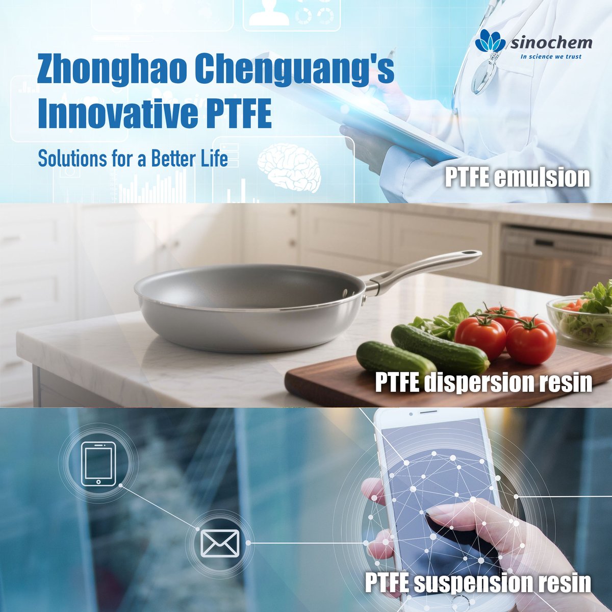 SinochemNews's tweet photo. #GoodProductsinSinochem
Zhonghao Chenguang, a subsidiary of Sinochem Holdings, enhances daily life with specialized PTFE products, including resins for various industries and eco-friendly emulsions, while establishing a complete fluorochemicals value chain through the model of production-marketing-research integration.🌟