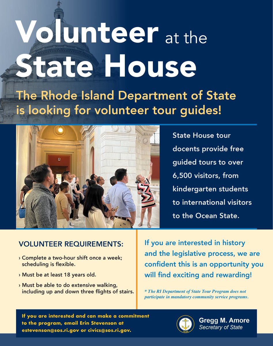 RI Department of State | Secretary Gregg M. Amore (@risecstate) on Twitter photo Become a volunteer tour guide and help share the story of the RI State House! From historical paintings, to one of the largest self supported marble domes in the world, and even a moon rock, there is plenty to be discovered and shared. If interested, email civics@sos.ri.gov. Become a volunteer tour guide and help share the story of the RI State House! From historical paintings, to one of the largest self supported marble domes in the world, and even a moon rock, there is plenty to be discovered and shared. If interested, email civics@sos.ri.gov.