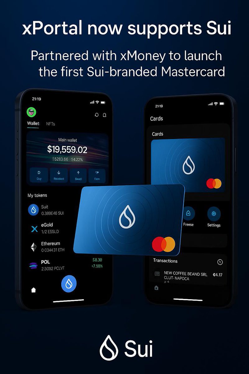 dobychamp's tweet photo. 🚨 BREAKING: @xPortalApp  just integrated Sui into its wallet (2.5M+ users), and partnered with @xMoney_com to launch a Sui-branded Mastercard 💳

Buy coffee, clothes, or even a yacht 🛥️
20,000+ merchants. Virtual card live in Europe. Physical cards coming soon 👀

This is what real adoption looks like 🌊