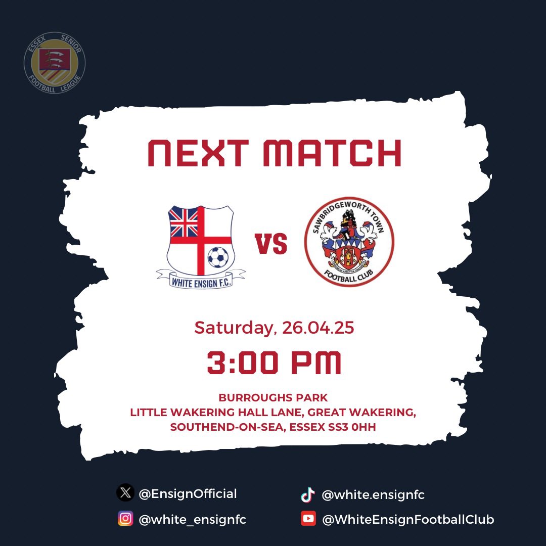 ⚽️ NEXT MATCH!! ⚽️

The last game of the season is upon us, as we play against <a href="/SawboTownFC/">Sawbridgeworth Town FC</a> at home! 
 
🆚 Sawbridgeworth Town FC
🏟️ Burroughs Park
📍 Great Wakering, SS3 0HH
🗓️ 26/04/25
⏰ 15:00
💷 £10 Adult
£6 Concession
£2 Children