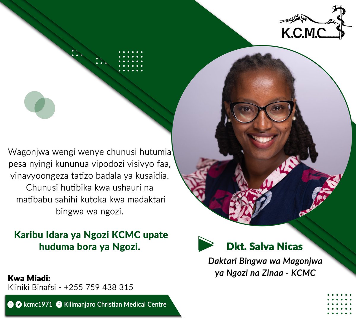 Karibu katika Idara ya Ngozi KCMC! Upate huduma bora za Ngozi zikiwemo: kuondoa chunusi na makovu ya chunusi, weusi usoni (chemical peels), mishipa midogo ya damu miguuni (spider veins) na mengine mengi.

Kwa Taarifa na Miadi(appointment) piga namba: +255 759 438 315