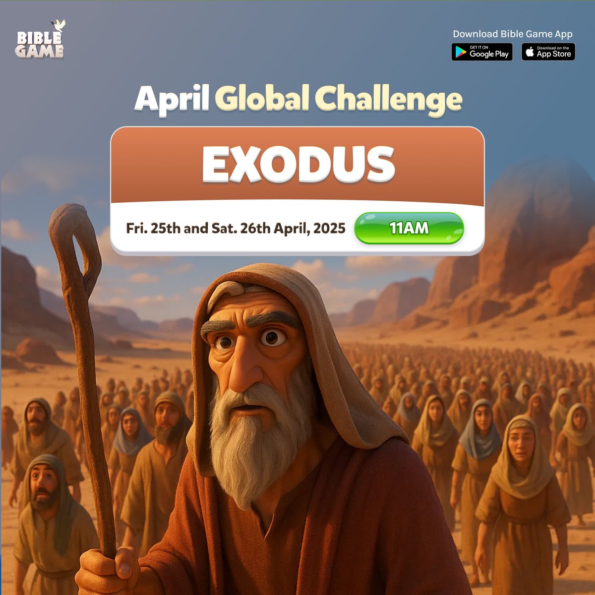 OurBibleGame's tweet image. April Global Challenge is here!
March was a blast, and April promises even more excitement!
If you haven’t heard, the Global Challenge is now in Who Is Who game mode.
Join us this Fri. & Sat. at 11:00AM to show how much you know about the People of Exodus!
#Biblegame