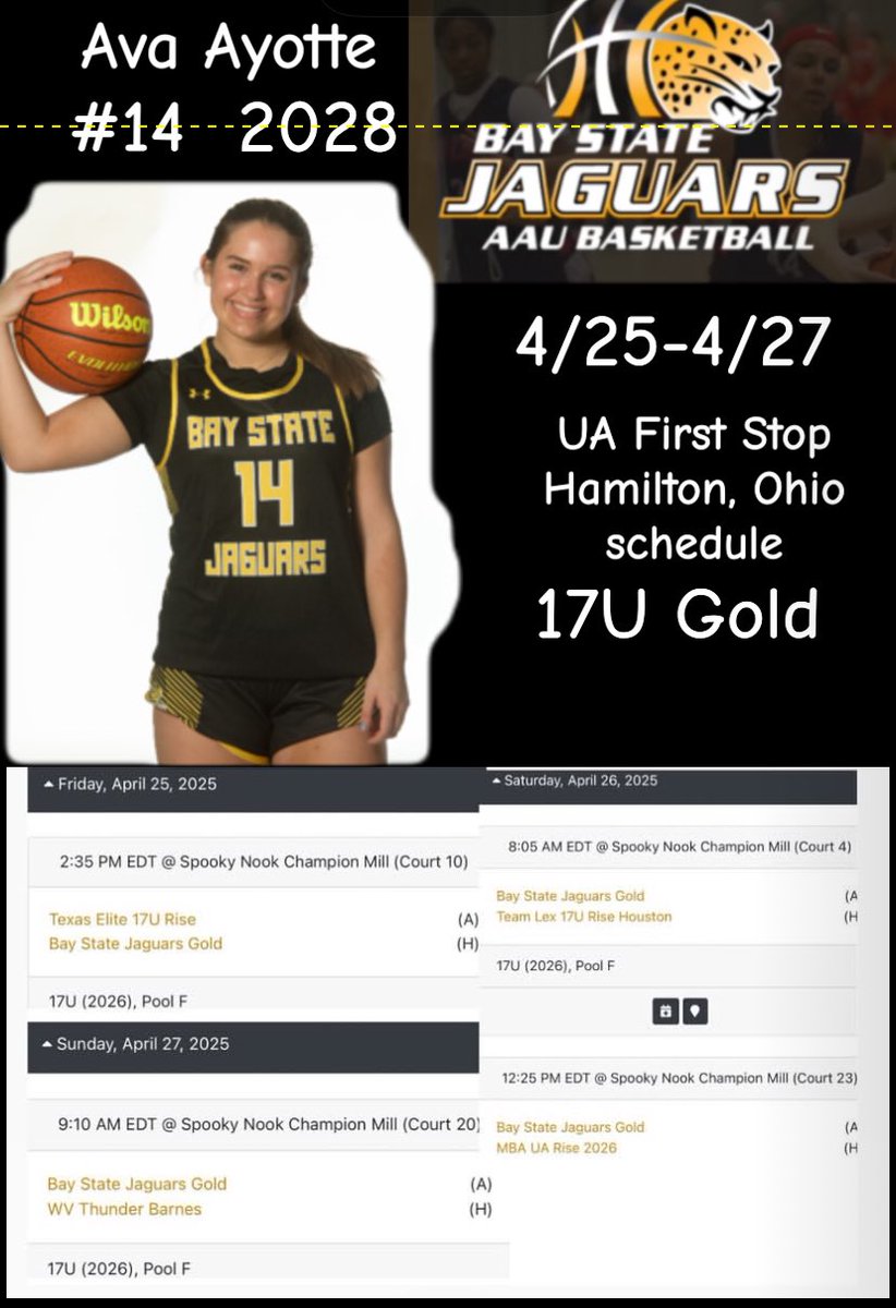 Come watch my <a href="/BayStateJags/">Bay State Jaguars</a> teammates and I compete this weekend in Hamilton, Ohio! <a href="/PGHNewEngland/">Prep Girls Hoops New England</a> <a href="/LaurieBollin/">LAURIE BOLLIN</a> <a href="/DanB1222/">CoachDan</a> <a href="/nehoopjournal/">New England Basketball Journal</a> <a href="/JrAllStarBB/">Jr. All-Star Girls Basketball</a> <a href="/GirlsHoopSeries/">Girls Hoops Series</a> <a href="/MSCAGirlsBBall/">Mount St Charles Girls Basketball</a> <a href="/hoopsnri/">HOOPS N RI🏀</a> <a href="/BashHoopsNE/">Bash Hudson</a>
