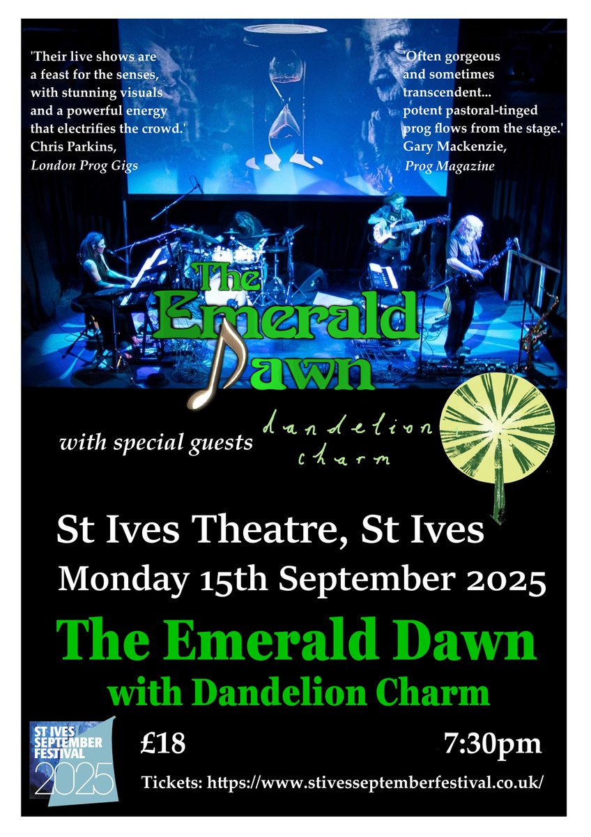 The Emerald Dawn to perform at the St Ives September Festival with Dandelion Charm
Monday 15th September 2025
St Ives Theatre, St Ives, Cornwall
Further details and tickets:
facebook.com/events/6645130…
#prog #progrock #progressiverock #stivesseptemberfestival #artrock