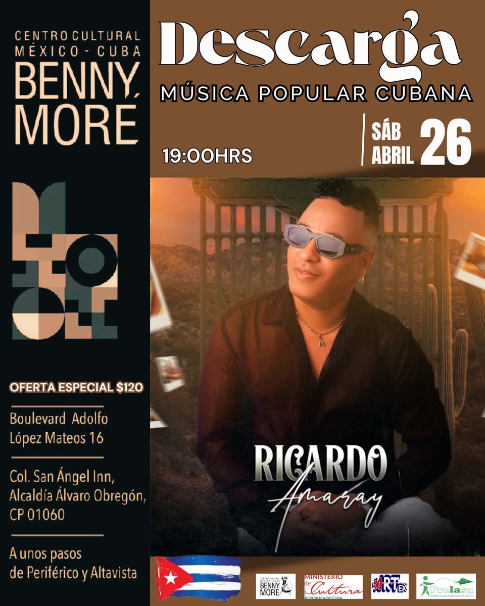 Artex_artecuba's tweet photo. Sábado 26 de abril/ Descarga de Música Popular Cubana con el reconocido cantante Ricardo Amaray/ 19:00 Hrs.
en el Auditorio del Centro Cultural Benny Moré México-Cuba
#SomosArtexCuba #prelasa #CubaEsCultura https://t.co/JX7wKCxsPp
