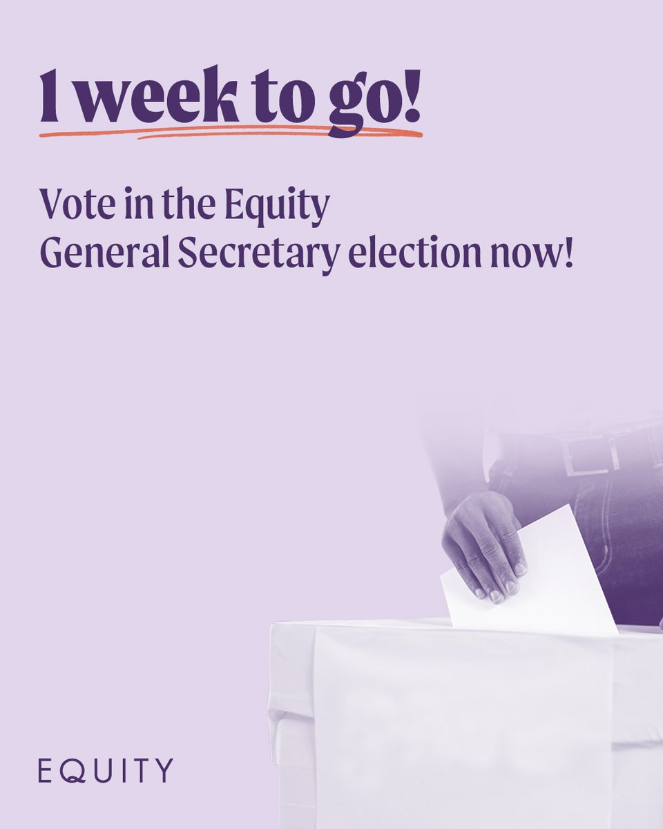 Last chance to post your ballot paper! 

Voting in the Equity General Secretary election is by post only. The ballot closes at 12 noon on Friday 2 May 2025 and your completed voting paper must be returned by this date and time.

Your union, your choice.