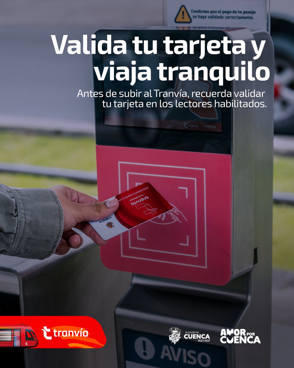 Tranvia_Cuenca's tweet photo. 🎫 Validar es tu primer paso al viajar.
Hazlo antes de subir y evita sanciones.🔴
Es simple, rápido y obligatorio.
¡Vamos todos!

@MunicipioCuenca 
#VamosTodos #validar #tranvía