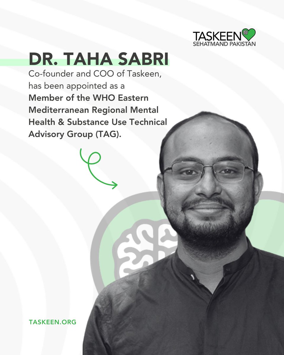 We’re proud to share that Dr. Taha Sabri’s appointment to WHO’s TAG is a milestone, not just for him or Taskeen, but for every voice that has ever spoken up for mental health in Pakistan.
#MentalHealthMatters #StrongerTogether #WHOEMRO #Taskeen