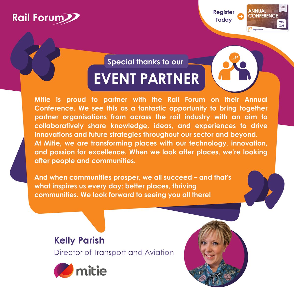 📢 EVENT PARTNER ANNOUNCEMENT 📢
We’re pleased to announce Mitie as our Headline Partner for the Rail Forum Annual Conference 2025!

Be part of a standout event that brings the industry together for fresh ideas, meaningful connections and great conversation — with a heartfelt