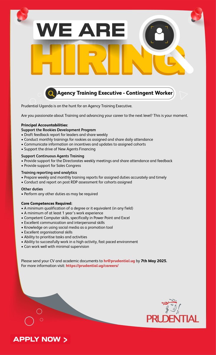 PrudentialUG's tweet image. Ready to shape the future of training?
We&apos;re hiring an Agency Training Executive (Contingent Worker) to support our rookies and continuous learning initiatives.

If you’re passionate about people development and excel in a dynamic environment, this is your moment.

Apply by 7th…