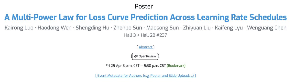 openhonor's tweet image. ๐ข Come meet us at #ICLR2025!
We'll be presenting our Multi-Power Law โ a new approach to predicting full pretraining loss curves across LR schedules โ during the poster session:
๐ Friday, April 25
๐ 3:00 PM โ 5:30 PM CST
๐ Hall 3 + Hall 2B, Poster #237
Expect your feedback!