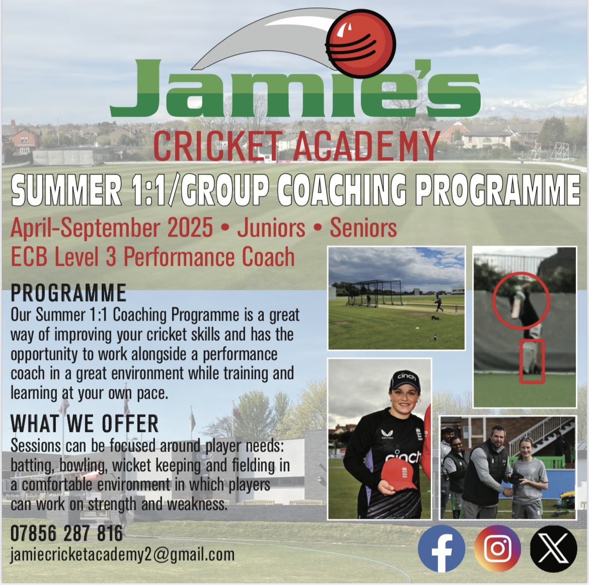 academy_jamie's tweet image. Summer 1:1’s Coaching Programme with ECB Level 3 Performance Coach based at Chester Boughton Hall &amp;amp; Gwersyllt Cricket Club. 🏴󠁧󠁢󠁥󠁮󠁧󠁿🏴󠁧󠁢󠁷󠁬󠁳󠁿

“Working together to make a difference “

To book 🏏👍 contact below 👇 

📧jamiecricketacademy2@gmail