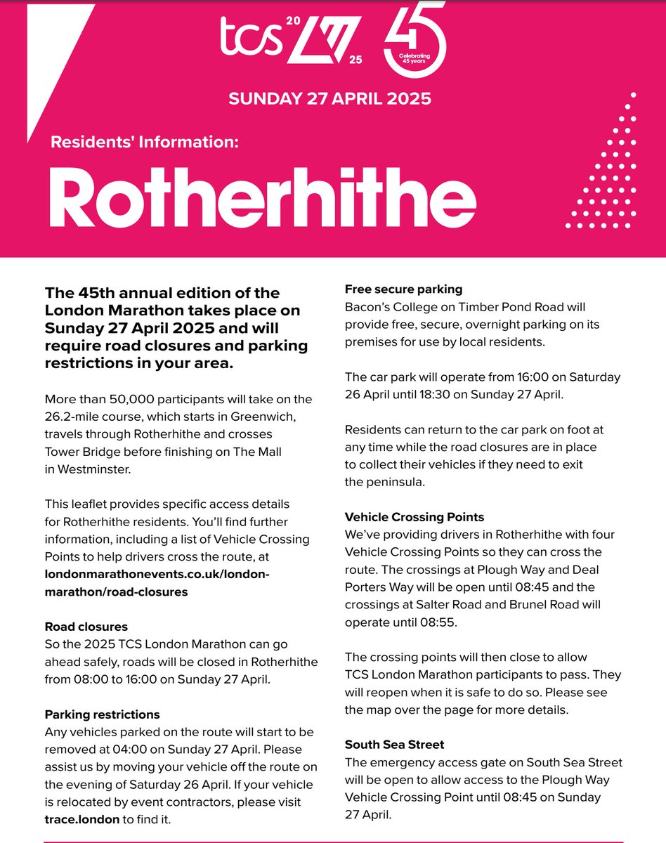 Rotherhithe Connections - People & Place (@irotherhithe) on Twitter photo Sunday 27 April TCS London Marathon
Information for #Rotherhithe residents
<a href="/LondonMarathon/">TCS London Marathon</a>
Road closures,parking restictions,free secure parking & vehicle crossing points detailed below Sunday 27 April TCS London Marathon
Information for #Rotherhithe residents
<a href="/LondonMarathon/">TCS London Marathon</a>
Road closures,parking restictions,free secure parking & vehicle crossing points detailed below