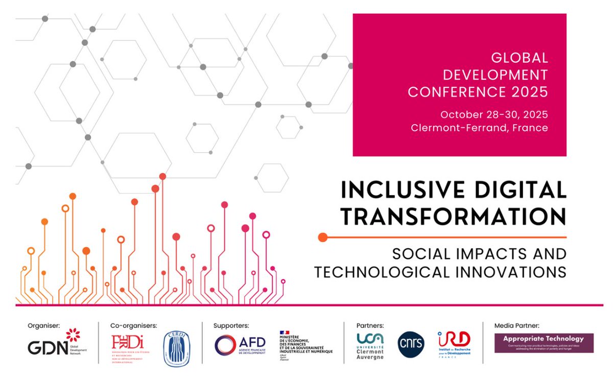 🌐The 2025 Global Development Conference will focus on ‘Inclusive Digital Transformation: Social Impacts and Technological Innovations.’ The call for papers is now open 👉 bit.ly/42JW0Jp

🗓️ Oct 28 - 30
📍Clermont-Ferrand, France &amp; online
🔗 bit.ly/3RuCThe