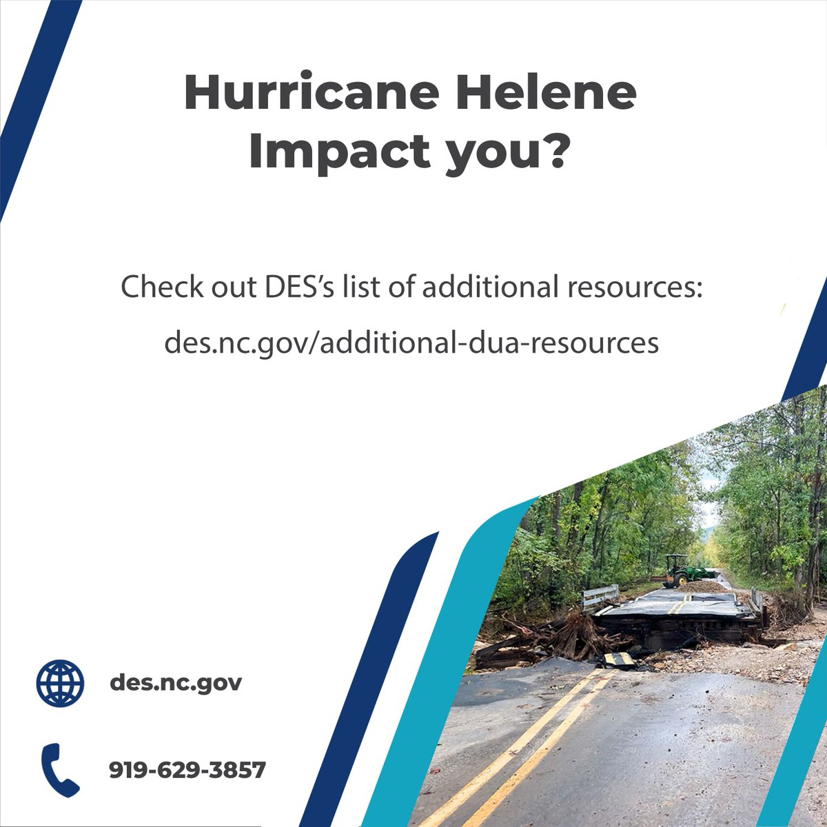 NCDES's tweet image. 💡 In need of help after Hurricane Helene? 👩🏻‍💻Find resources to get the support you need: des.nc.gov/additional-dua… 🌟 #HeleneNC #HelpAfterHelene