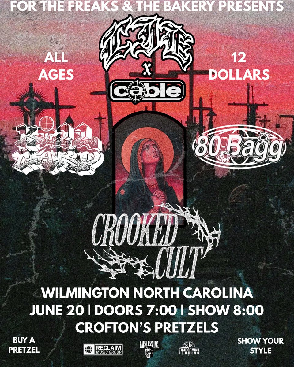 forthefreakssc's tweet image. June 20th… we back in Wilmington, NC with @LIEtxhc @Cable_HC @80bagg + Killcard &amp;amp; Crooked Cult 

$12 • ALL AGES • SHOW UR STYLE (&amp;amp; buy a pretzel)