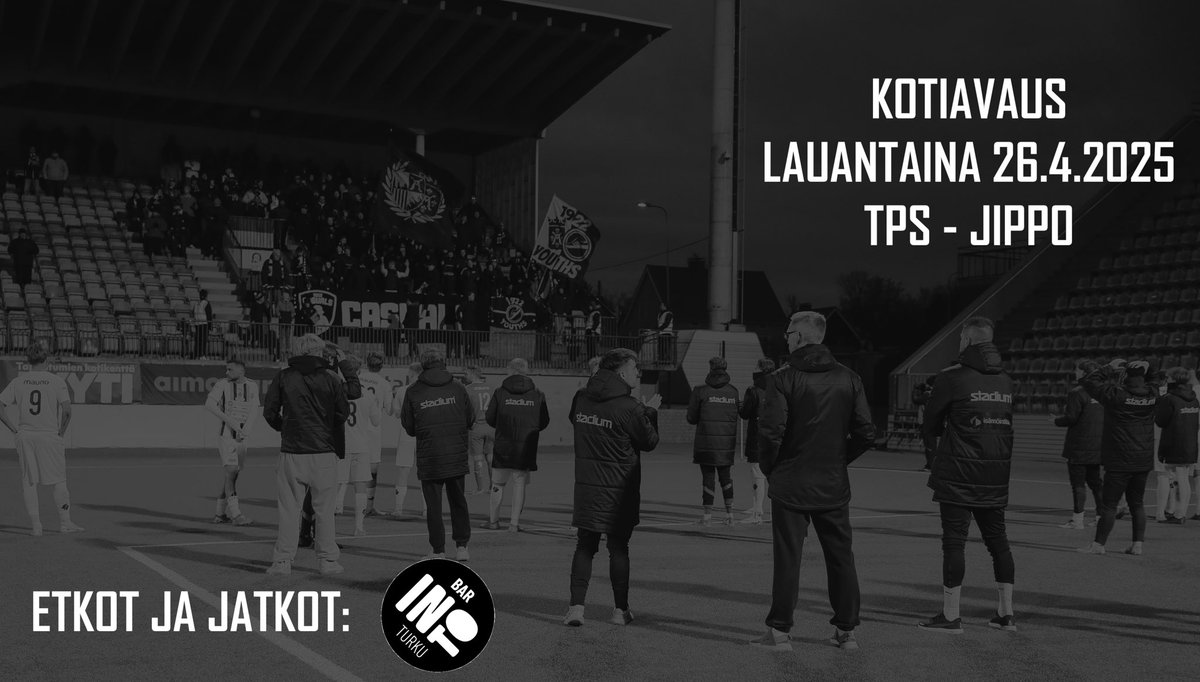 Ylihuomenna kauden 2025 kotiavaus!

• Etkot Bar Innossa (Yliopistonkatu 12) kello 13.00 alkaen
• Marssi Kupittaalle kello 15.00
• TPS - Jippo kello 16.00, kannattajat sijoittuvat O-katsomoon
• Jatkot Bar Innossa ottelun jälkeen #FCTPS #Ykkösliiga