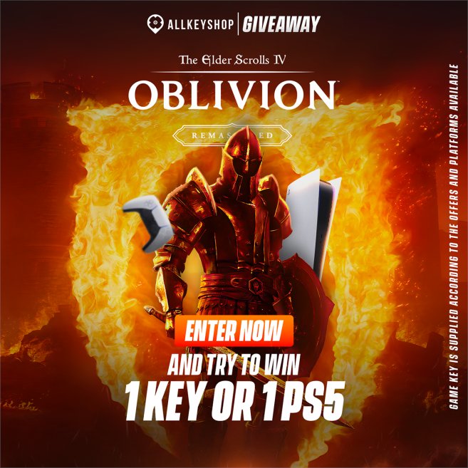 Allkeyshop.com (@allkeyshop) on Twitter photo 🧙♂️ The Elder Scrolls IV: Oblivion Remastered Giveaway!
🏆 Prize: Win TES IV Remastered or a PS5
🕹️ How to Enter:
1️⃣ Follow us <a href="/allkeyshop/">Allkeyshop.com</a>
2️⃣ Like & RT
3️⃣ Tag a gamer
4️⃣ Participate in this wheel: allkeyshop.com/blog/giveaway/…
📅 Ends: 1st May 2025 | #OblivionRemastered 🧙♂️ The Elder Scrolls IV: Oblivion Remastered Giveaway!
🏆 Prize: Win TES IV Remastered or a PS5
🕹️ How to Enter:
1️⃣ Follow us <a href="/allkeyshop/">Allkeyshop.com</a>
2️⃣ Like & RT
3️⃣ Tag a gamer
4️⃣ Participate in this wheel: allkeyshop.com/blog/giveaway/…
📅 Ends: 1st May 2025 | #OblivionRemastered