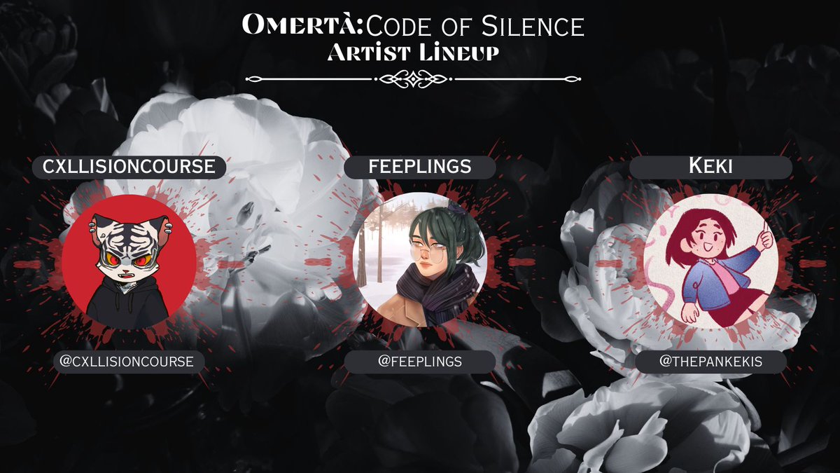 Omertà: Code of Silence | App results sent! (@omertazine) on Twitter photo Omertà welcomes our newest Merch Artists with open arms.
They're quite the hands-on group, & we can't wait for them to rise to the challenge!
<a href="/melodyrealstone/">Melody Realstone | Comms open</a>
@senuwuart
Guest Merch Artist: <a href="/hanode_art/">Hanode | Bkdk canon 🧡💚</a>
Guest Merch Artist: <a href="/cxllisioncourse/">CODI/CLAUDIO 🐈⬛ m/w snail 🐌🫶</a>
<a href="/feeplings/">fiona ☾ leaving for bsky</a>
@/thepankekis (on 🦋 ) Omertà welcomes our newest Merch Artists with open arms.
They're quite the hands-on group, & we can't wait for them to rise to the challenge!
<a href="/melodyrealstone/">Melody Realstone | Comms open</a>
@senuwuart
Guest Merch Artist: <a href="/hanode_art/">Hanode | Bkdk canon 🧡💚</a>
Guest Merch Artist: <a href="/cxllisioncourse/">CODI/CLAUDIO 🐈⬛ m/w snail 🐌🫶</a>
<a href="/feeplings/">fiona ☾ leaving for bsky</a>
@/thepankekis (on 🦋 )