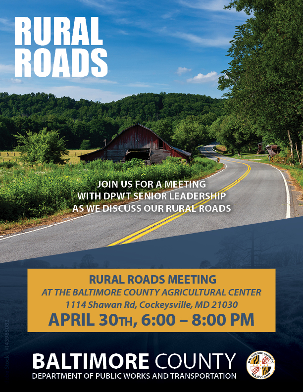 BaltCoDPWT's tweet image. DPWT is holding a meeting to discuss our rural roads on Wed, Apr 30, from 6 to 8pm at the Ag Center (1114 Shawan Road Cockeysville, Maryland 21030). Senior leadership will be available to answer questions and listen to feedback from the community. We hope to see you there!