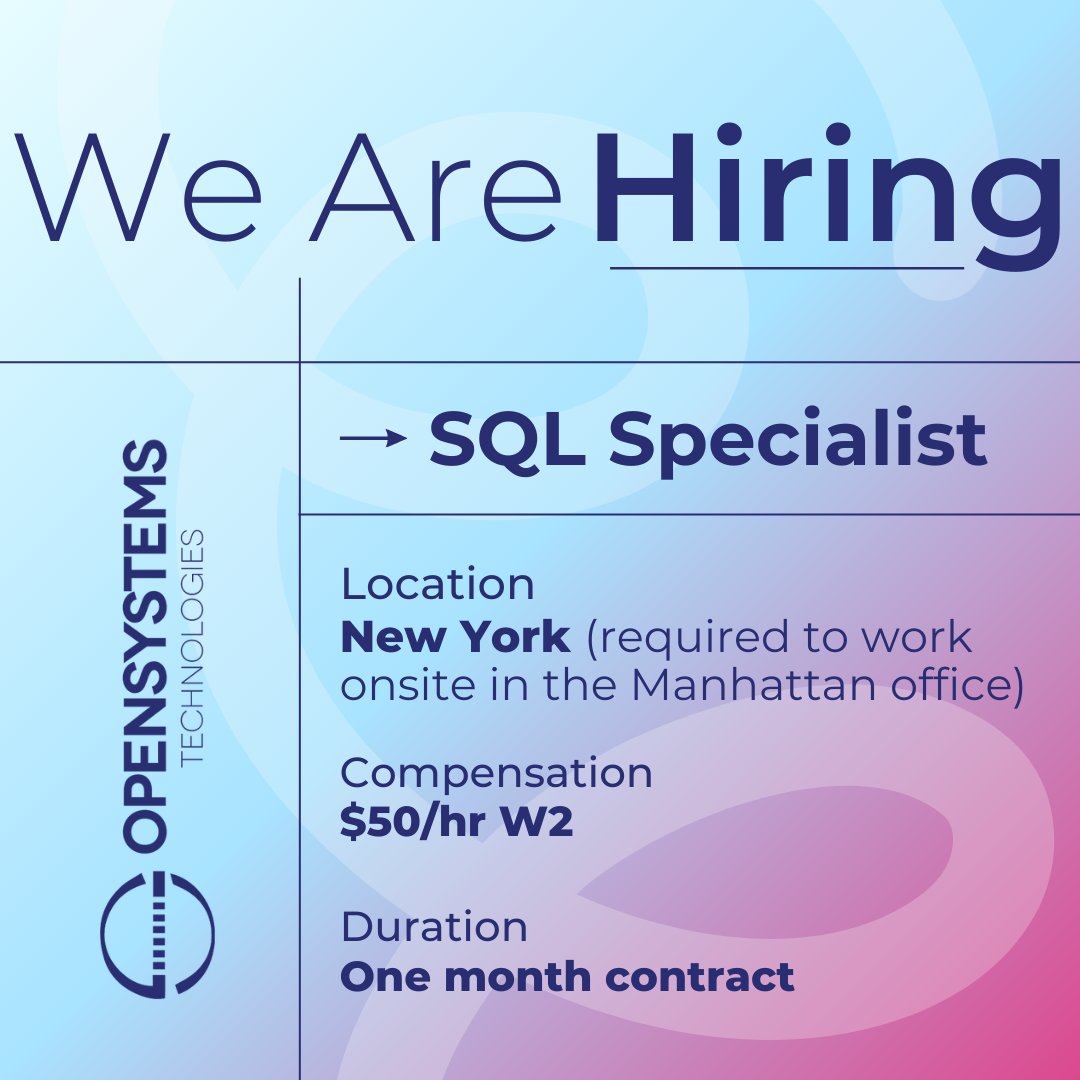 OpenSystemsTech's tweet image. 📢 NYC-based financial firm hiring a SQL Specialist for a 1-month contract! 
✅ Improve database speed/stability  
✅ Troubleshoot performance issues  
✅ On-site, full-time in NYC  
Ready to apply? Details here: opensystemstech.com/job/2448/sql_s…
#SQLJobs #NYCHiring
