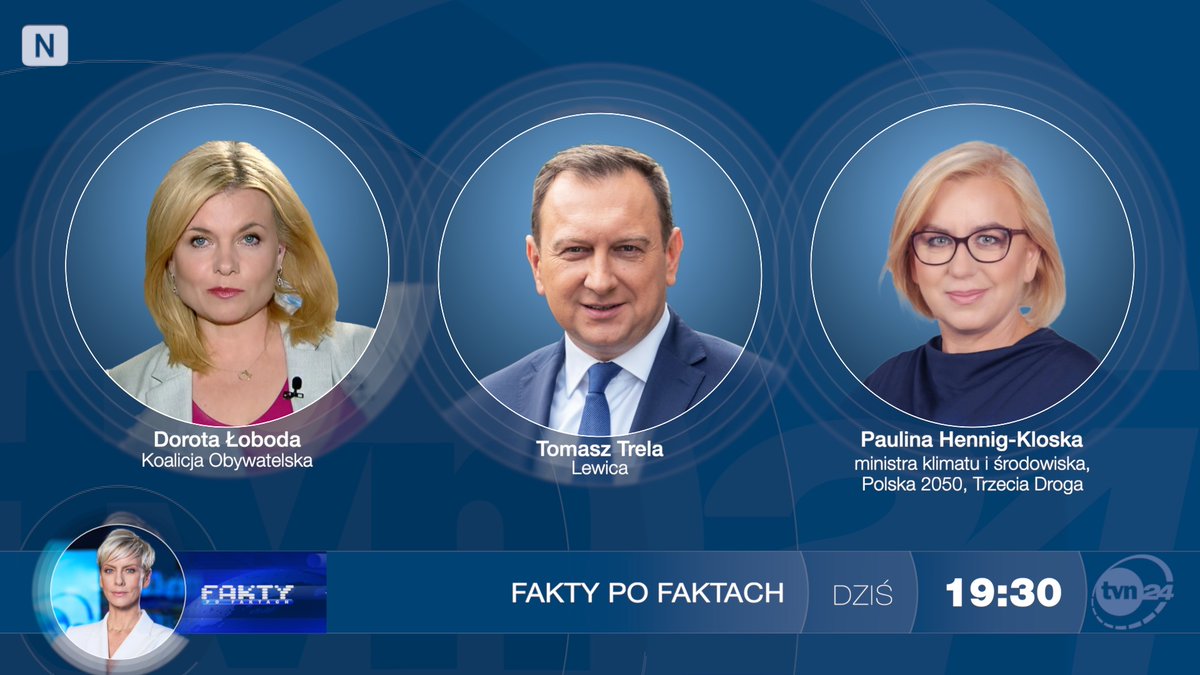 Fakty po Faktach (@faktypofaktach) on Twitter photo W dzisiejszych <a href="/faktypofaktach/">Fakty po Faktach</a> gośćmi Anity Werner będą: Dorota Łoboda <a href="/DorotaLoboda/">Dorota Łoboda</a> z <a href="/ko_klub/">Koalicja Obywatelska 🇵🇱✌️</a> i Tomasz Trela <a href="/poselTTrela/">Tomasz Trela</a> z <a href="/__Lewica/">Lewica</a>. A później Ministra Klimatu i Środowiska <a href="/MKiS_GOV_PL/">Ministerstwo Klimatu i Środowiska</a> - Paulina Hennig-Kloska <a href="/hennigkloska/">Paulina Hennig-Kloska</a>, <a href="/PL_2050/">Polska 2050</a>. Zapraszamy o godz. 19.30 do <a href="/tvn24/">tvn24</a>. W dzisiejszych <a href="/faktypofaktach/">Fakty po Faktach</a> gośćmi Anity Werner będą: Dorota Łoboda <a href="/DorotaLoboda/">Dorota Łoboda</a> z <a href="/ko_klub/">Koalicja Obywatelska 🇵🇱✌️</a> i Tomasz Trela <a href="/poselTTrela/">Tomasz Trela</a> z <a href="/__Lewica/">Lewica</a>. A później Ministra Klimatu i Środowiska <a href="/MKiS_GOV_PL/">Ministerstwo Klimatu i Środowiska</a> - Paulina Hennig-Kloska <a href="/hennigkloska/">Paulina Hennig-Kloska</a>, <a href="/PL_2050/">Polska 2050</a>. Zapraszamy o godz. 19.30 do <a href="/tvn24/">tvn24</a>.