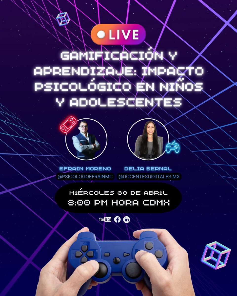 Este 30 de abril estaré en el en vivo Gamificación y aprendizaje: impacto psicológico en niños y adolescentes.
Hablo desde la experiencia docente y la educación innovadora.
Regístrate aquí: forms.gle/DW8oyXKsd1XJmQ…

#educacion #edtech #gamificacion #psicologiaeducativa #docentes