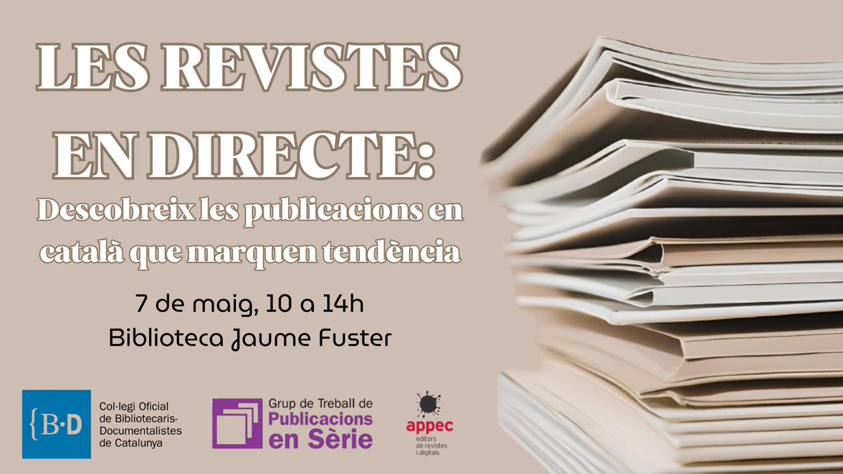 cobdc's tweet photo. Vols descobrir revistes culturals, creatives i en català?🗞️

Participa a la jornada Les revistes en directe i coneix les propostes de les editorials!

📆 7/05 · Biblioteca Jaume Fuster

📝 Inscriu-t’hi ara: https://t.co/kBV8CpsYux https://t.co/2JJFyTyQs7