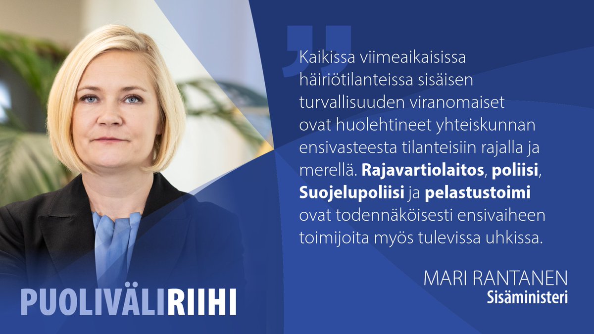 Hallitus sopi kehysriihessä sisäisen turvallisuuden valmiuspaketista. 

Poliisin, Rajavartiolaitoksen, Suojelupoliisin ja väestönsuojelun voimavaroja vahvistetaan. Sisäisen turvallisuuden viranomaisten suorituskyvyt ovat olennainen osa Suomen kokonaisturvallisuutta. 

1/2
