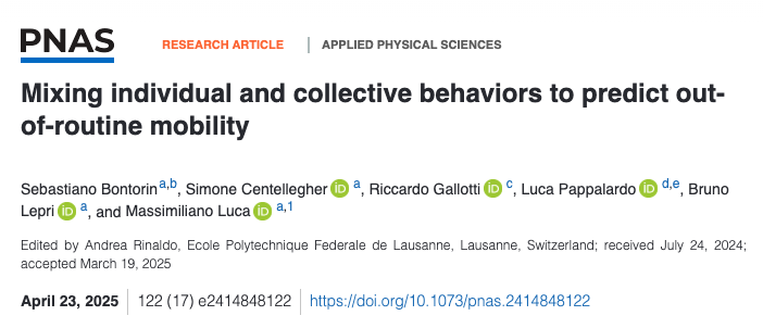 luca_msl's tweet image. New in PNAS! 📢 lnkd.in/d7z2VEjh
👉 Combining individual & collective behavior boosts out-of-routine mobility prediction
👉 Collective behavior strongly impacts individual mobility in dense urban areas.
👉 The model is robust to severe behavioral changes
