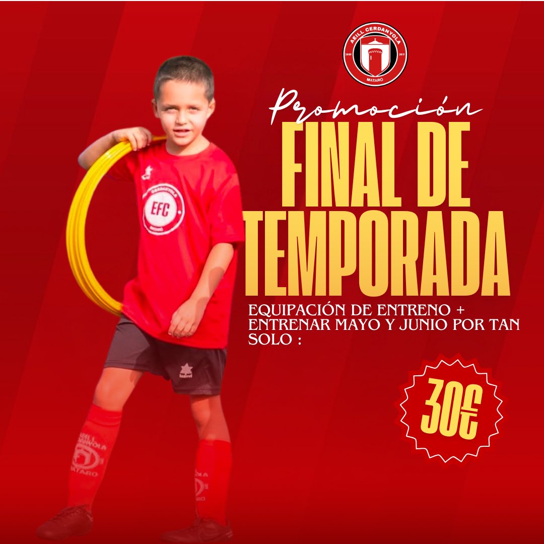𝐏𝐑𝐎𝐌𝐎𝐂𝐈Ó𝐍 𝐅𝐈𝐍𝐀𝐋 𝐃𝐄 𝐓𝐄𝐌𝐏𝐎𝐑𝐀𝐃𝐀 ‼️

🔴 Entrena con nosotros los meses de mayo y junio por tan solo 30€. La promoción incluye la equipación de entrenamiento de regalo. 🎁 

😜 𝗡𝗢 𝗛𝗔𝗬 𝗘𝗫𝗖𝗨𝗦𝗔. 

¡Tots junts fem AEiLL Cerdanyola!