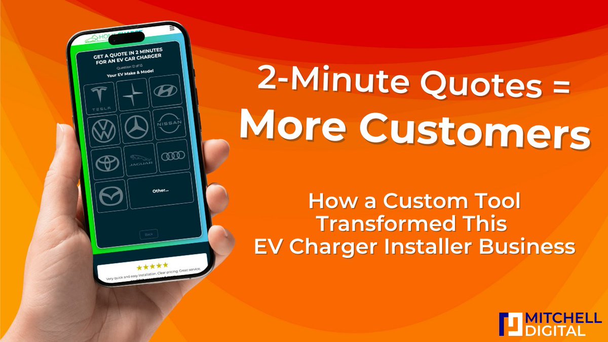 We transformed an EV Charger Installer's leads using a custom instant quote builder.

Read it here: mitchelldigital.co.uk/project/transf… 

Watch the video today: youtube.com/watch?v=bpL8HM…