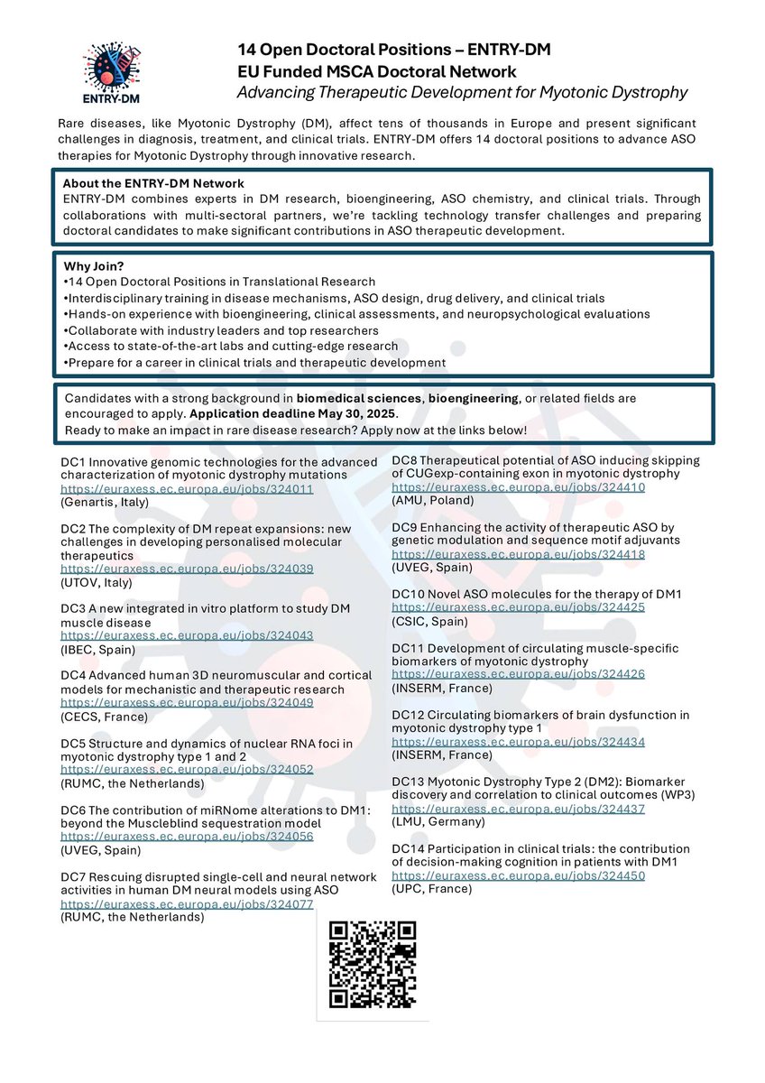 Genartis1's tweet photo. 🚨 14 #PhD positions AVAILABLE in #MSCA #ENTRYDM! 🚨
Our start-up #Genartis, in collaboration with Verona University, hosts Project DC1 on Innovative genomic technologies for #MyotonicDystrophy mutations.
🧬 Apply by May 30, 2025:
https://t.co/LjdTEUxxfs https://t.co/N6NeQsOMZM
