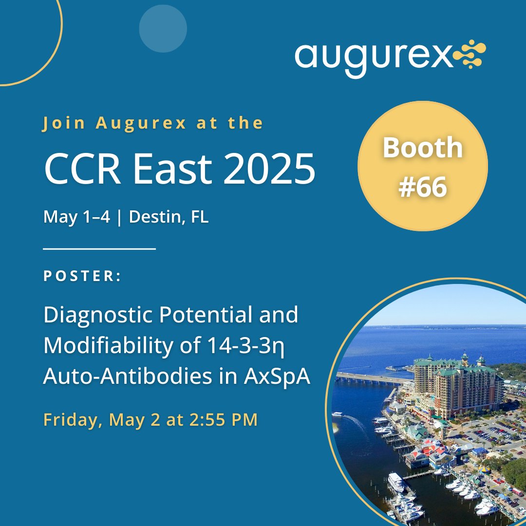 We're attending #CCREast2025 in Destin, FL from May 1–4! Visit us at booth 66 to learn about our diagnostic solutions in #rheumatoid #arthritis and our poster on the diagnostic value of 14-3-3eta auto-antibodies in #axial #spondyloarthritis. Learn more: augurex.com/augurex-to-att…