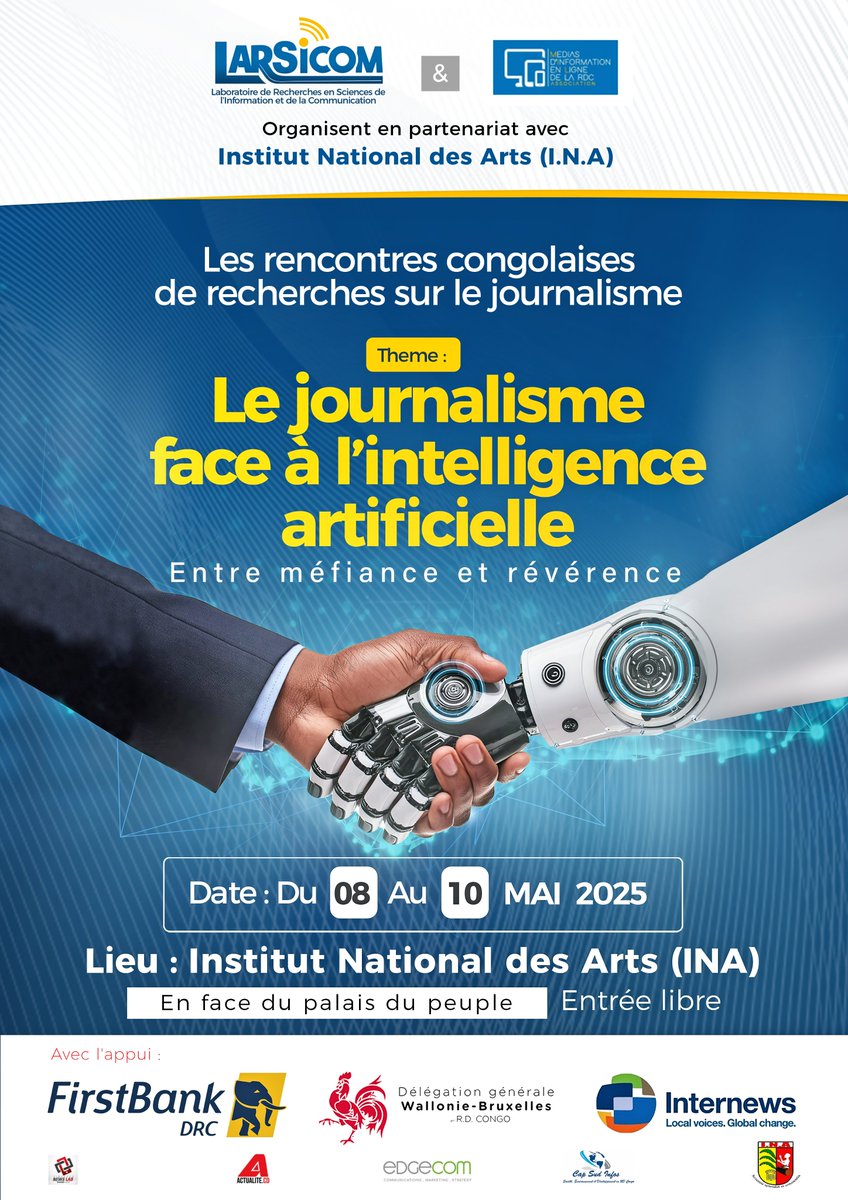 Pierre N'sana Bitentu (@pnsana) on Twitter photo C’est officiel : du 8 au 10 mai, Kinshasa cause IA et journalisme, entre méfiance et révérence.
📍l'INA: Viens, pose tes questions, inspire-toi. C’est ouvert à tous. <a href="/Larsicomrdcongo/">Larsicom 🇨🇩</a> <a href="/ligodipatient/">Patient LIGODI</a> <a href="/Internews_RDC/">Internews RDC</a> <a href="/MadiKadima/">KADIMA-NZUJI Madimba, PhD</a> <a href="/Ange_kason/">Ange Kasongo Adihe</a> <a href="/KBenardDende/">Karim Benard Dende</a> <a href="/MEssomassor/">Melshor Essomassor</a> <a href="/PatrickMuyaya/">Patrick Muyaya</a> C’est officiel : du 8 au 10 mai, Kinshasa cause IA et journalisme, entre méfiance et révérence.
📍l'INA: Viens, pose tes questions, inspire-toi. C’est ouvert à tous. <a href="/Larsicomrdcongo/">Larsicom 🇨🇩</a> <a href="/ligodipatient/">Patient LIGODI</a> <a href="/Internews_RDC/">Internews RDC</a> <a href="/MadiKadima/">KADIMA-NZUJI Madimba, PhD</a> <a href="/Ange_kason/">Ange Kasongo Adihe</a> <a href="/KBenardDende/">Karim Benard Dende</a> <a href="/MEssomassor/">Melshor Essomassor</a> <a href="/PatrickMuyaya/">Patrick Muyaya</a>