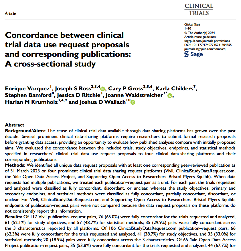 Colin Begg (@colinbbegg) on Twitter photo Ever wondered if investigators requesting clinical trials data for secondary analyses actually follow the proposals they used to justify access to the data? The Yale Open Access group examine this question. <a href="/JoshuaDWallach/">Joshua D. Wallach</a> <a href="/jsross119/">Joseph Ross</a> <a href="/hmkyale/">Harlan Krumholz</a> <a href="/SCTorg/">SCTorg</a> <a href="/OADC_Official/">Open Access Data Centres</a> Ever wondered if investigators requesting clinical trials data for secondary analyses actually follow the proposals they used to justify access to the data? The Yale Open Access group examine this question. <a href="/JoshuaDWallach/">Joshua D. Wallach</a> <a href="/jsross119/">Joseph Ross</a> <a href="/hmkyale/">Harlan Krumholz</a> <a href="/SCTorg/">SCTorg</a> <a href="/OADC_Official/">Open Access Data Centres</a>