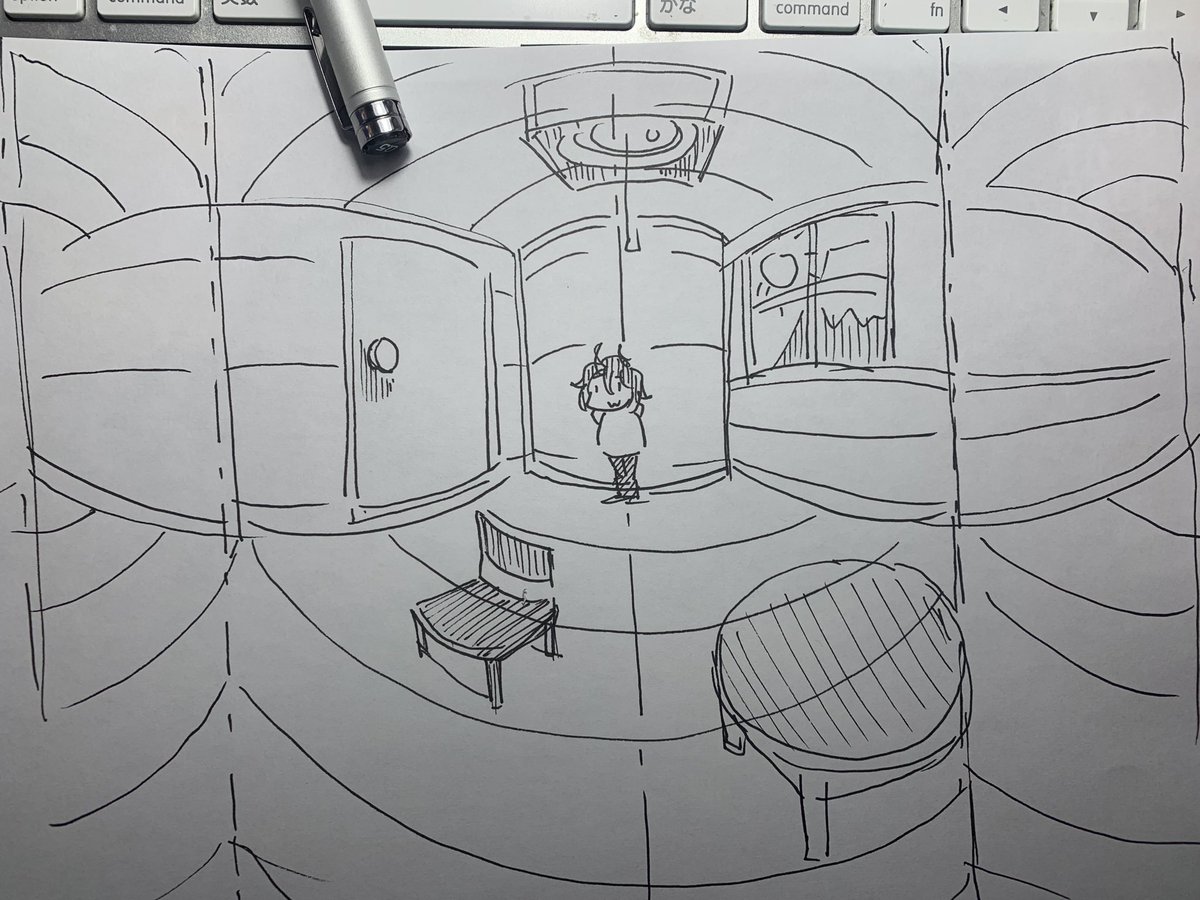 全天球画像を1枚絵にするとこんな感じらしい。雑に描いたけど。 