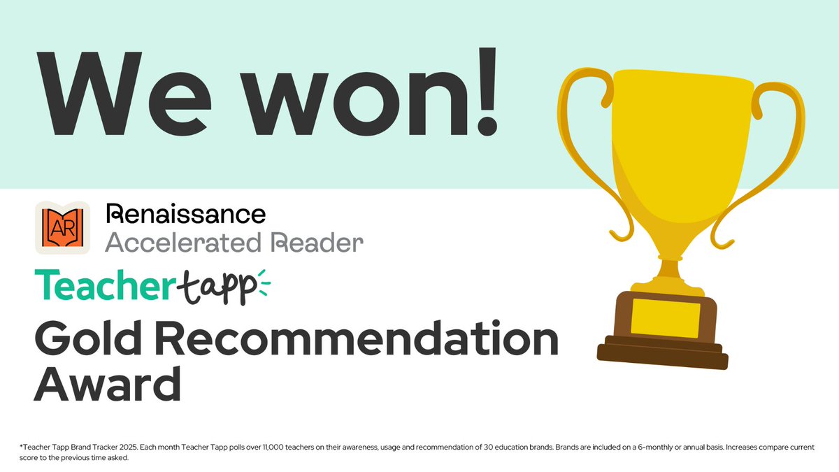 AccReader's tweet photo. We are delighted to have won the @TeacherTapp Gold Award in the April Brand Tracker! Each month Teacher Tapp polls over 10,000 teachers on their awareness, usage and recommendation of 30 education brands. #TeacherTapp https://t.co/qVpIB5MKDP