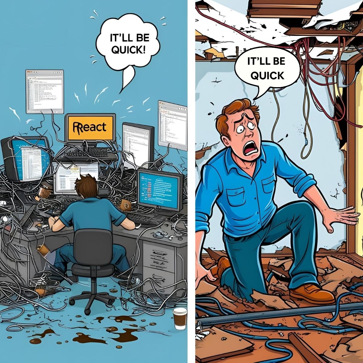 herodevs's tweet image. &quot;Just rewrite it in React&quot; = &quot;Just flip this house&quot; 🏚️

Sounds easy in the sales pitch until you&apos;re knee-deep in legacy dependencies with half your features broken and deadlines whooshing by.

Smart teams build a bridge first, then cross safely.

#TechMigration #CodeRescue