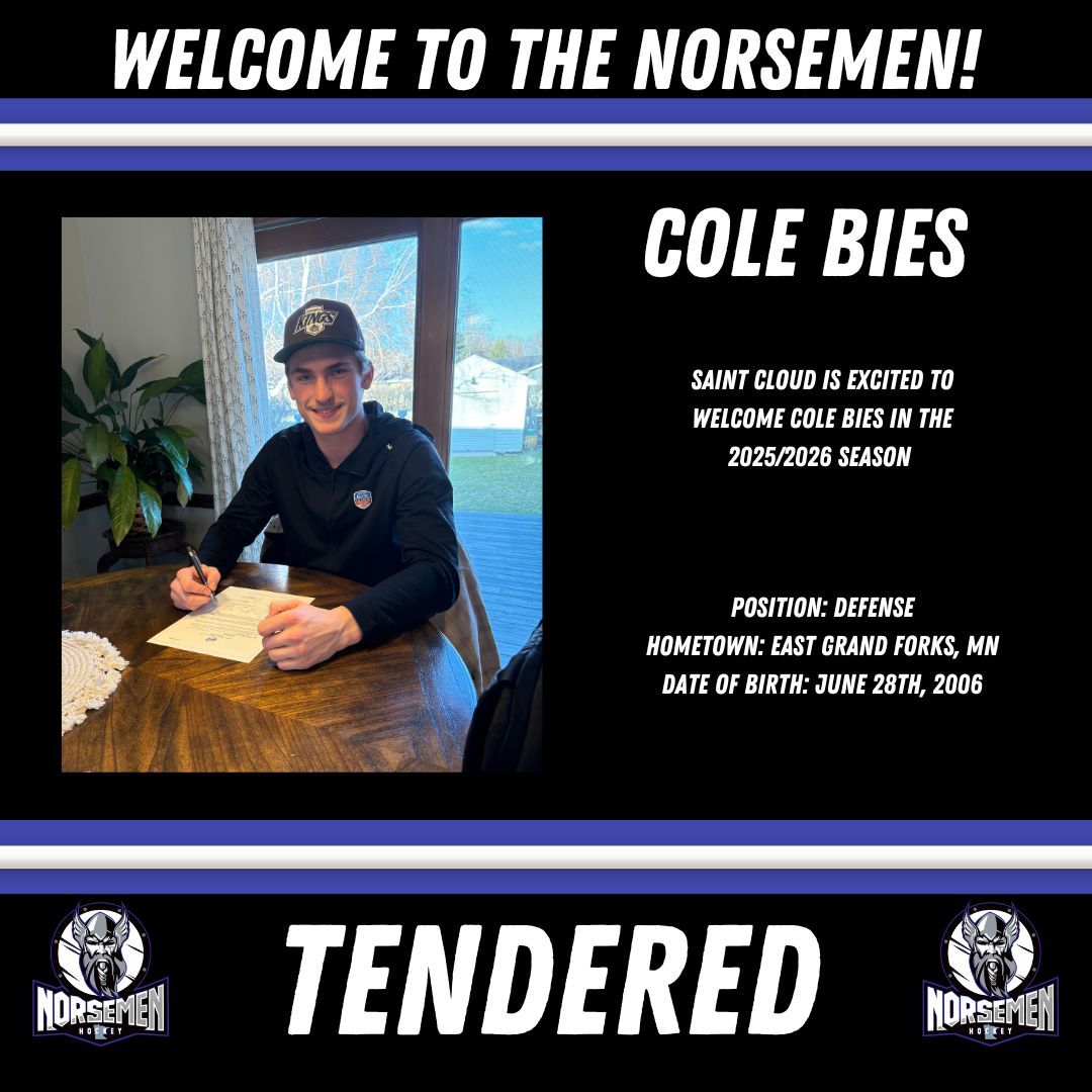 The Saint Cloud Norsemen are very excited to announce that Cole Bies has officially been tendered to play for the Norsemen in the 2025/2026 season! 

Welcome to the Norsemen Cole!! 🏒