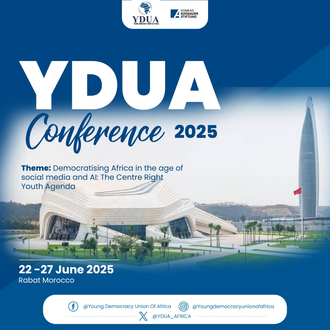 Countdown begins!! Save the dates for the 2025 YDUA Annual Conference. This year it will be taking place in Rabat,  Morocco 🇲🇦 from June 22nd to 27th!!
THEME: "Democratising Africa in the age of social media and AI : The centre right youth Agenda" 
#YDUA2025