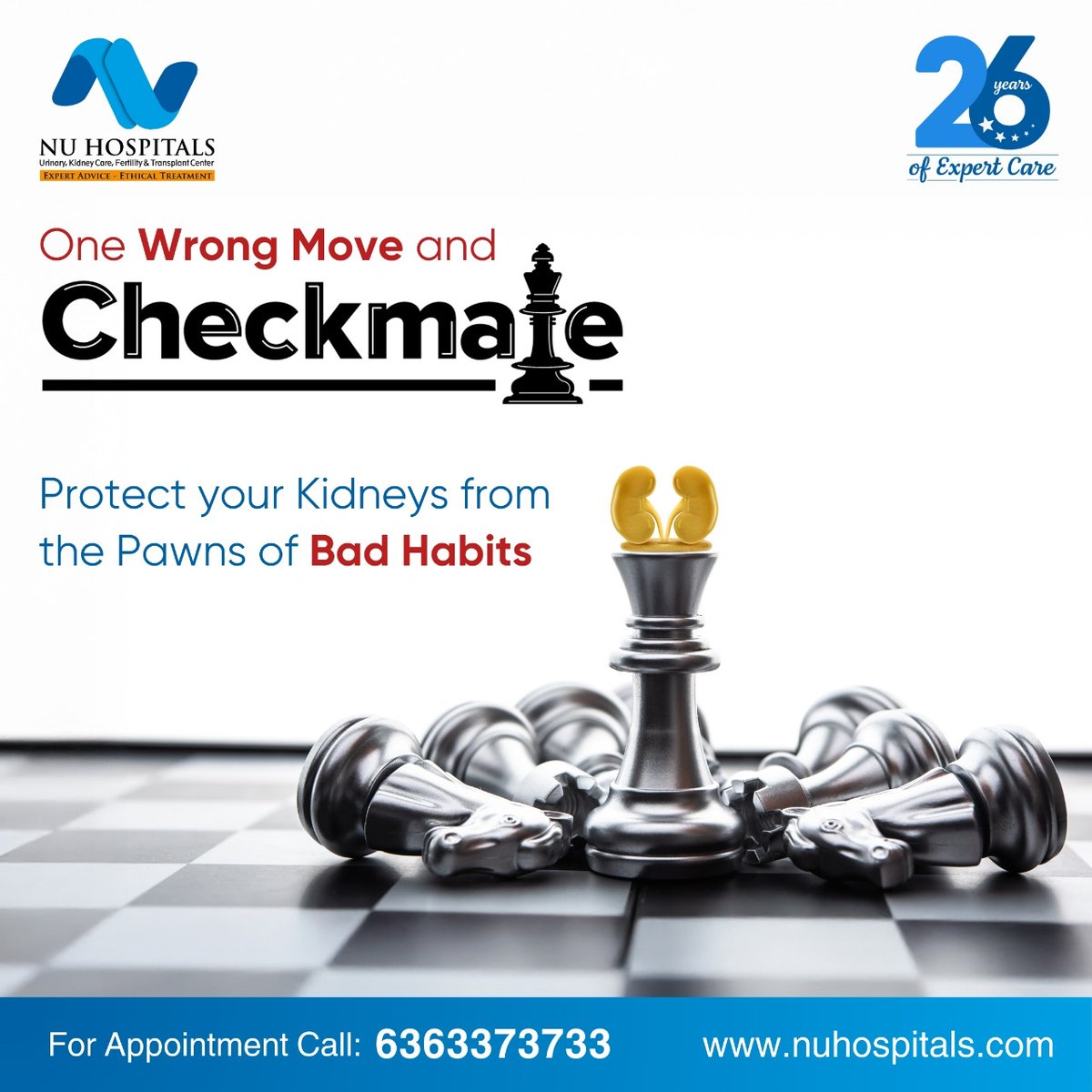 Your Kidneys are the King.👑 Vital yet vulnerable. One wrong move with unhealthy habits, and it's checkmate! ♟️ 
Skipping water? Dehydration = Kidney trouble
Sugar Overload? Leads to kidney damage
Too Salty? High BP strains your kidneys
Smoking and Alcohol? Kidney enemies.