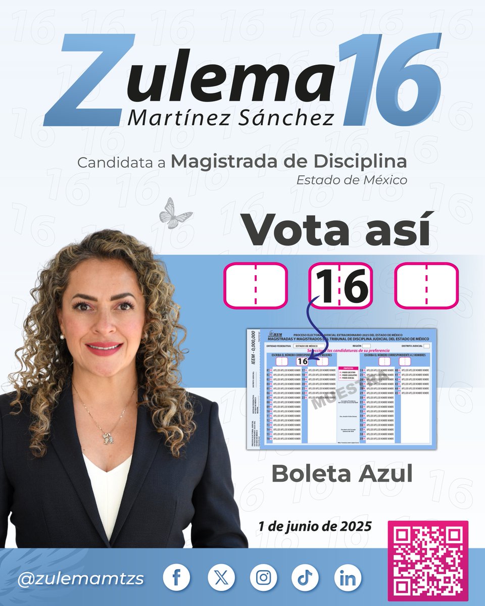 zulemamtzs's tweet photo. Hoy comienza una nueva etapa en mi camino como candidata a Magistrada de Disciplina Judicial. Estoy convencida de que la disciplina y la transparencia, son los pilares de la justicia. ⚖️

🗓️ Este 1 de junio, haz que tu voz cuente.
🗳️ Vota 16 en la boleta azul. https://t.co/Od4D3Mg7w7