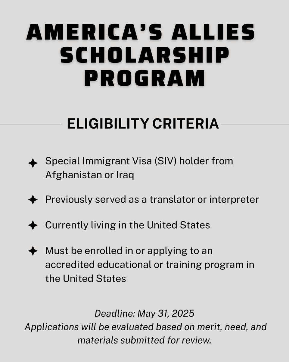 No One Left Behind (@n1leftbehind) on Twitter photo We are excited to announce the America’s Allies Scholarship Program (AASP), a new initiative from <a href="/AfgFutureFund/">Afghan Future Fund</a> and No One Left Behind to support our Afghan and Iraqi allies who served alongside U.S. forces.
Learn more & apply: nooneleft.org/aasp We are excited to announce the America’s Allies Scholarship Program (AASP), a new initiative from <a href="/AfgFutureFund/">Afghan Future Fund</a> and No One Left Behind to support our Afghan and Iraqi allies who served alongside U.S. forces.
Learn more & apply: nooneleft.org/aasp