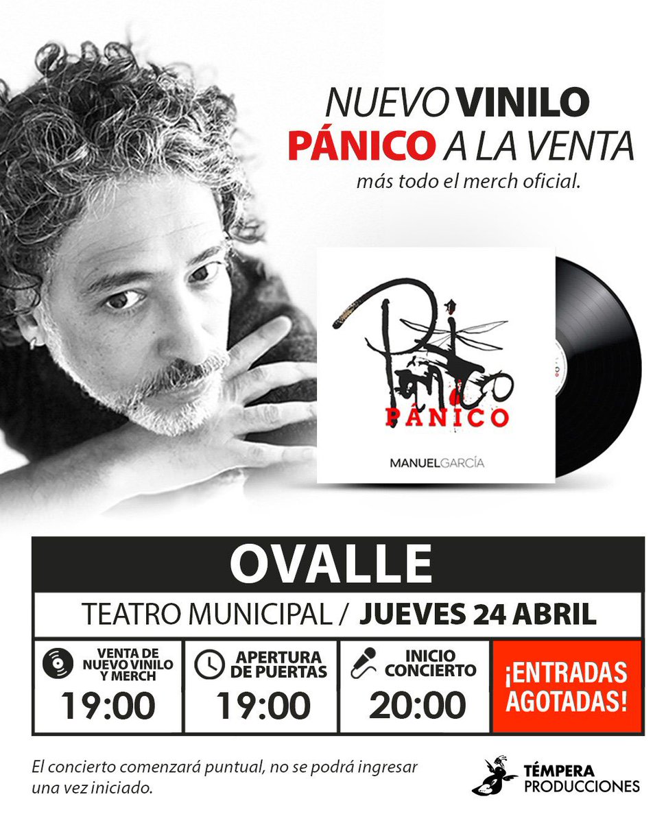 Les compartimos los horarios del concierto de hoy en el Teatro Municipal de Ovalle. Las entradas se encuentran agotadas.

Mañana viernes el concierto parte a las 19 horas en Copiapó y quedan muy pocas entradas en manugarpez.com